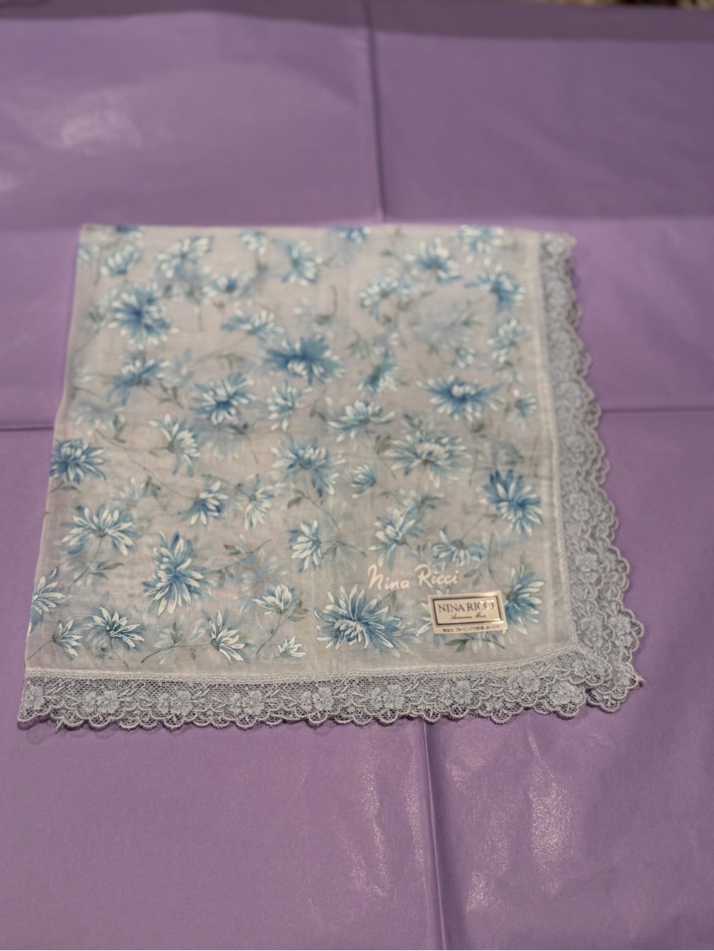 Nina Ricci Blue White Floral Lace Handkerchief Scarf 16 by 16